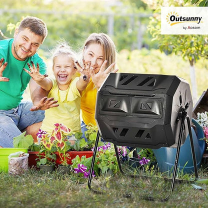 Outsunny Tumbling Compost Bin Outdoor 360° Dual Chamber Rotating Composter 43 Gallon, Black