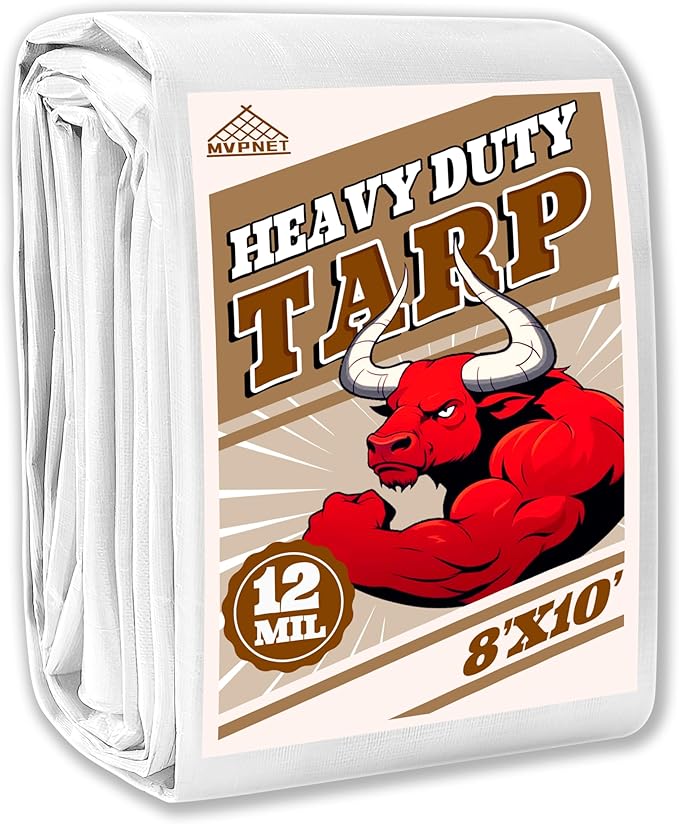 Tarp 8x10 ft Heavy Duty 12mil 100% Waterproof High Durability Multipurpose,Uv Resistant,White Tarp Suitable for Swimming Pools, Boats, Camping, Courtyards, Etc -by MVPNET