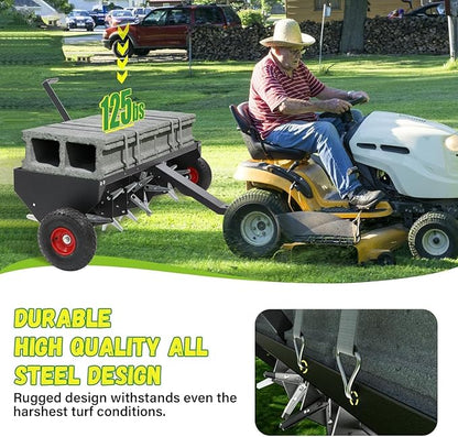 Doniks 52-Inch Tow Behind Lawn Plug Aerator with Universal Hitch, Lawn Aerator Tow Behind with 40 Galvanised Steel Tines,Tray and Inflatable Wheels for Gardens, Lawns, Farms