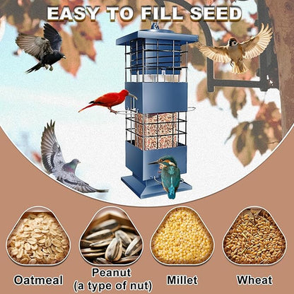 Squirrel Proof Bird Feeder, 3.5Lbs Large Capacity Metal Squirrel-Proof Bird Feeders for Outdoors Hanging, 4 Feeding Ports Wild Bird Feeders with Gravity Protection for Finch, Cardinal, Blue Jay