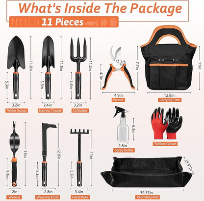 11 Pcs Garden Tools Set, HaSteeL Gardening Supplies Hand Tools Kit for Women Men Gardeners, Include Tote Bag, Reportting Mat, Transplant Trowel, Rake, Pruner for Outdoors