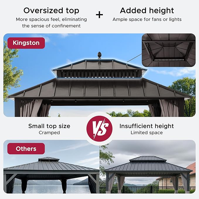 SUNJOY Kingston 12' x 10' Hardtop Gazebo with Galvanized Steel Double Roof, Curtain and Netting, Brown Aluminum Posts Permanent Pavilion Gazebo for Garden, Patio, Deck, Lawn