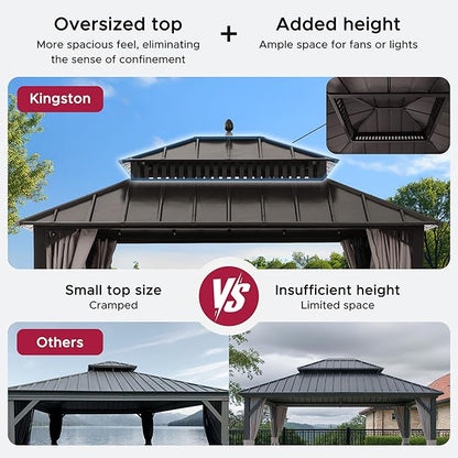 SUNJOY Kingston 12' x 10' Hardtop Gazebo with Galvanized Steel Double Roof, Curtain and Netting, Brown Aluminum Posts Permanent Pavilion Gazebo for Garden, Patio, Deck, Lawn