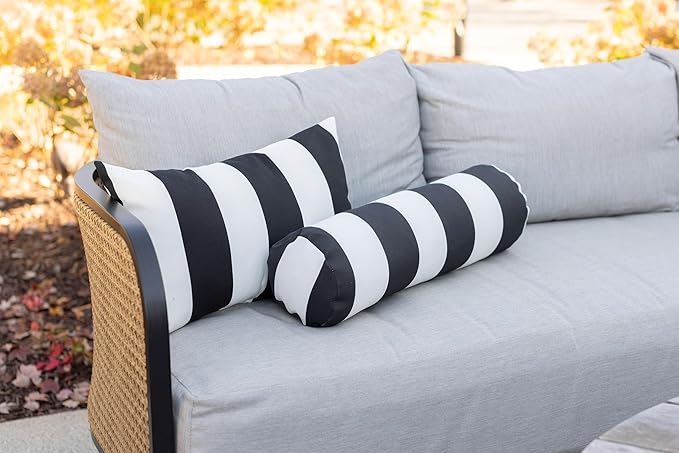 RSH DECOR: 6-Pack Pillow Set, All-Weather Water & Fade-Resistant Fabric, 17" Square, 20"x12" Lumbar 20"x6" Neck Roll Pillows, Outdoor Pillows for Patio Furniture, Black & White Stripe - Made in USA