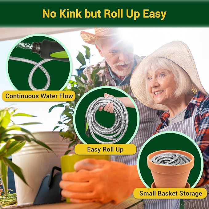 Garden Hose - Water Hose 100 FT with Swivel Handle, Flexible, Heavy Duty, No Kink, Lightweight Metal Hose for Outdoor, Yard, 304 Stainless Steel