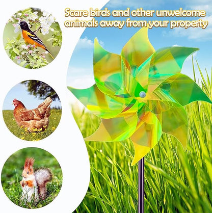 Hausse 10 Pack Reflective Pinwheels Wind Spinner, Extra Sparkly Pinwheel with Stakes, Bird Repellent Blinder Devices Deterrent to Scare Birds Away from Yard Patio Farm Garden, Transparent Yellow