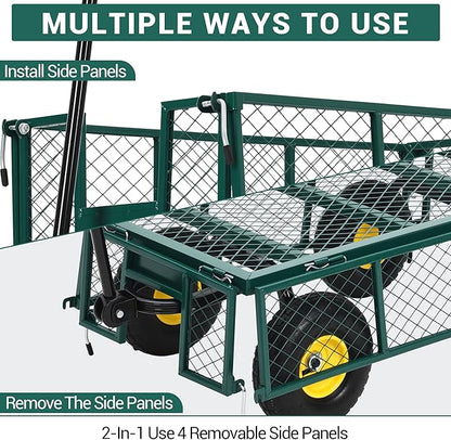 Heavy Duty Garden Cart On Wheels - 880LBS Metal Wagon with 10" Pneumatic Wheels, 180° Rotating Handle & Removable Sides - All-Terrain Yard Wagon for Farm, Beach & Outdoor Use