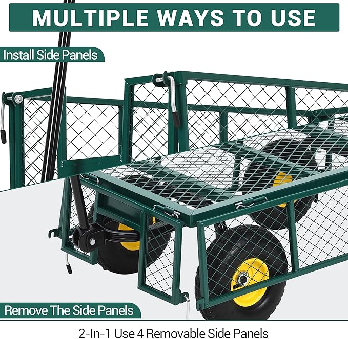 Heavy Duty Garden Cart On Wheels - 550LBS Metal Wagon with 10" Pneumatic Wheels, 180° Rotating Handle & Removable Sides - All-Terrain Yard Wagon for Farm, Beach & Outdoor Use