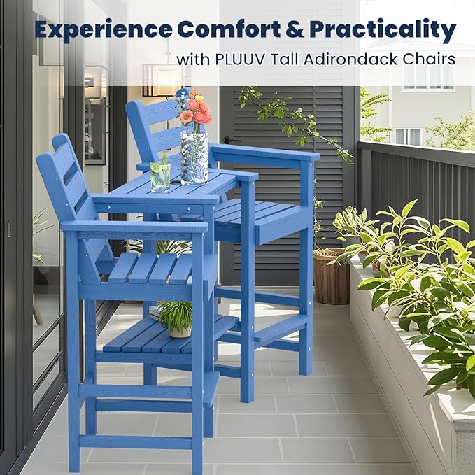Tall Adirondack Chairs Set of 2, All Weather HDPE Poly Bar Height Balcony Adirondack Chair with Removable Double Connecting Trays, Outdoor Adirondack Barstools for Deck, Patio, Yard, Pool, Lawn