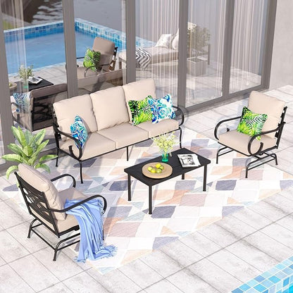 Sophia & William 4 Piece Patio Furniture Set, Outdoor Conversation Sets 5 Seat Clearance with 3-seat Sofa x 1, Rocking Chair x 2, Metal Coffee Table x 1 for Front Porch Lawn, Beige