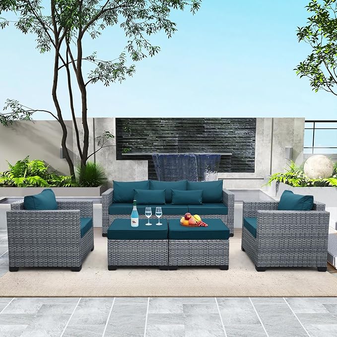 Patio Furniture Set, 5-Piece Outdoor Wicker Conversation Set with All-Weather PE Rattan, Anti-Slip Cushions & Ottomans, Sectional Sofa for Patio, Balcony & Deck, Peacock Blue