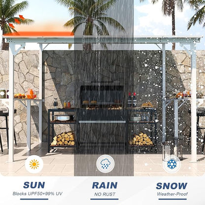 MEISSALIVVE 8' x 10' Wall Mounted Gazebo, Outdoor BBQ Grill Gazebo with Side Shelf, Lean to Metal Awnings with Sloped Roof, Heavy Duty Pergola for Backyard, Deck, White
