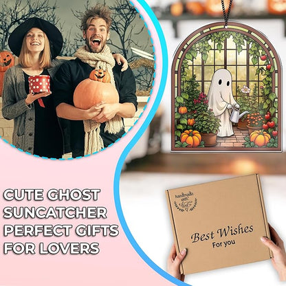 2 Cute Halloween Suncatcher Decorations, Spooky Cute Ghost Plant Window Hangings, Ghost with Black Cat Greenhouse, Pumpkin Ornaments Home Garden, Gifts for Plant Lovers, Women