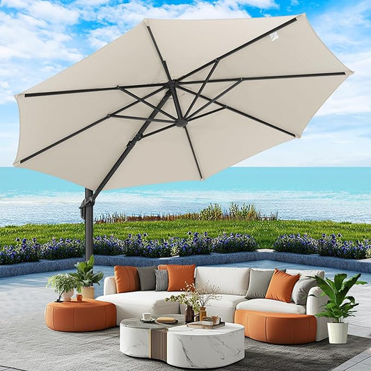 Hotime 10ft Patio Umbrella Outdoor Patio Windproof and Height adjustable, Heavy Duty Aluminum Round Offset Patio Umbrella Cantilever Pool Umbrella with 360°Rotation for Garden Deck Pool, Beige
