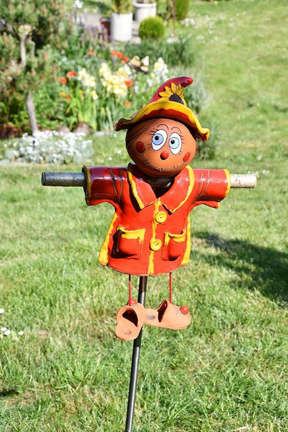 Ceramic Garden Decor - Scarecrow Lawn stake, red - Outdoor statue - Perfect, unique gifts for gardeners woman, men, yard gifts - Handmade, Frostproof
