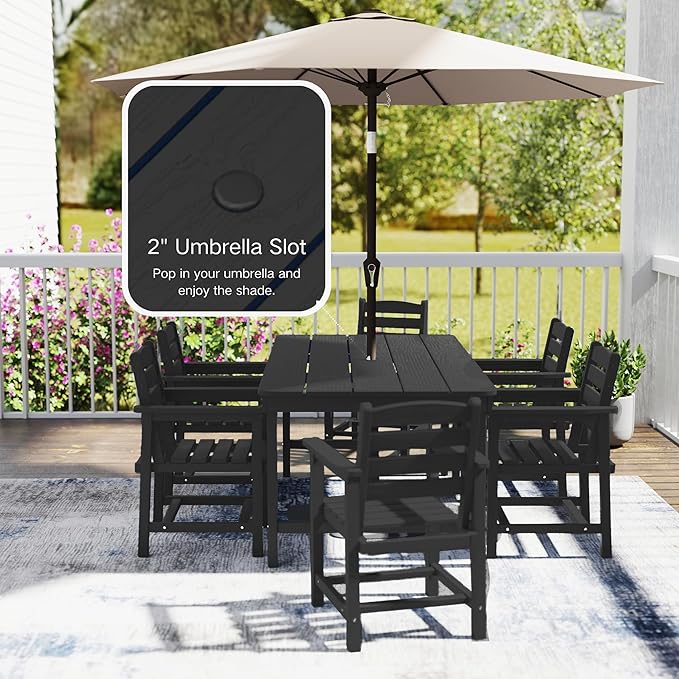 7 Piece Patio Dining Set with 11ft Patio Umbrella (Teal), 7 Black Outdoor HDPE Dining Set with 6 Chairs + 1 Large Table, for Market, Pool, Garden, Backyard, Deck