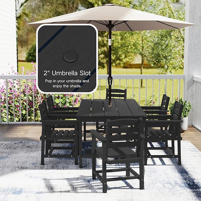 7 Piece Patio Dining Set with 11ft Patio Umbrella (Beige), 7 Black Outdoor HDPE Dining Set with 6 Chairs + 1 Large Table with 2" Umbrella Hole, for Market, Pool, Garden, Backyard, Deck