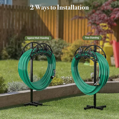 Garden Hose Holder Detachable, Heavy Duty Metal Water Hose Hanger Freestanding Hose Organizer Hose Holders for Outside (Black)