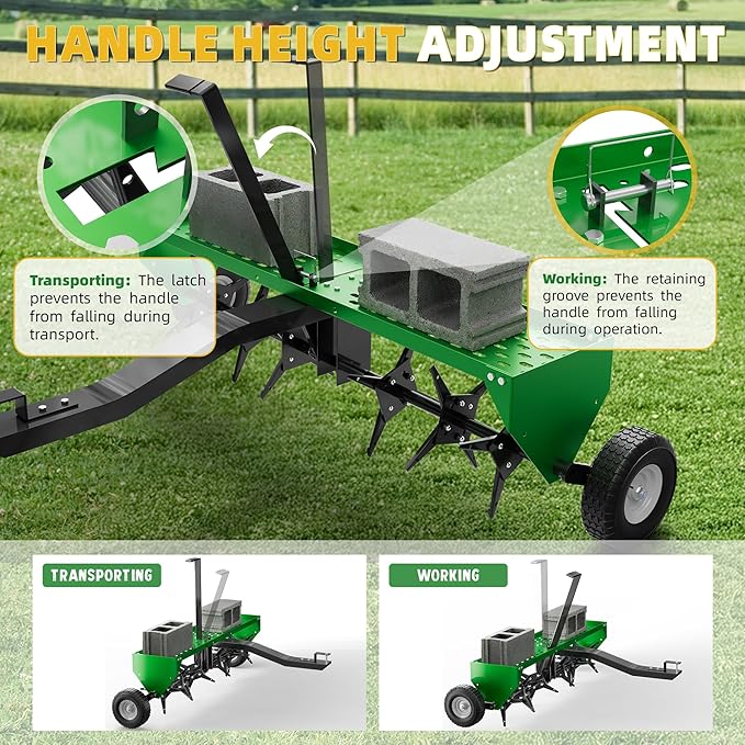 40" Lawn Aerator Tow Behind, Pull Behind Aerator with Universal Hitch, 24 Galvanized Steel Tines, Tray and Pneumatic Tires, Plug Behind Aerator is Suitable for Gardens, Lawns and Farms