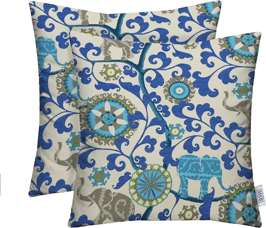 RSH DECOR: Square Throw Pillows Set of 2 | 17” x 17” | All-Weather Spun Fabric | Water and Fade-Resistant | Outdoor Accent Pillows for Patio Furniture | Blue Elephant Bohemian