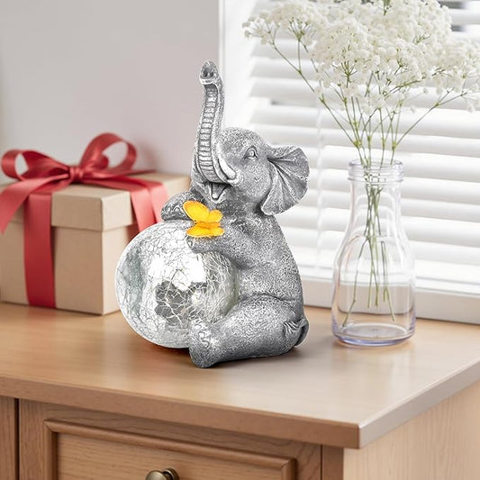 Solar Garden Outdoor Statues for Women, Mom, Grandma. Glass Globe Elephant Figurine Housewarming and Birthday Gifts Elephant Statue Decor for Backyard, Patio, Balcony, Lawn, Pond