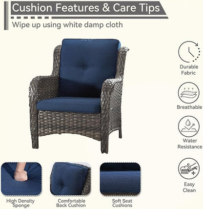 4 Pieces Patio Conversation Set, Wicker Chairs Set of 2 and Two Ottomans with 3.5-inch Seat Cushions, High Back and Curved Armrest for Backyard, Balcony and Deck, Blue