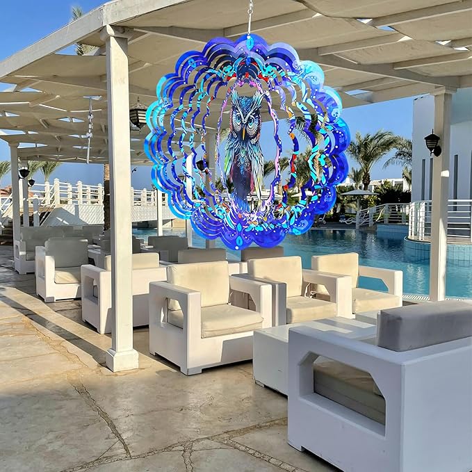 Wind Spinners Owl Arts12 inch 3D Stainless Steel Laser Cut Metal Art Geometric Pattern Wind Sculpture Hanging for Yard Garden Decorations Gifts Indoor Outdoor