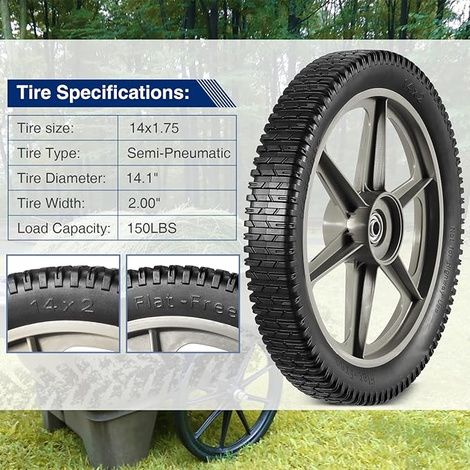 MaxAuto 14 x 1.75" Spoked Plastic Wheel with Tire Replacement for Craftsman Mower, Wheelbarrow, Trimmer, Push Mower, Pressure Washer, 1.75" Offset Hub Length,1/2" inside Bearing, 2 Pack
