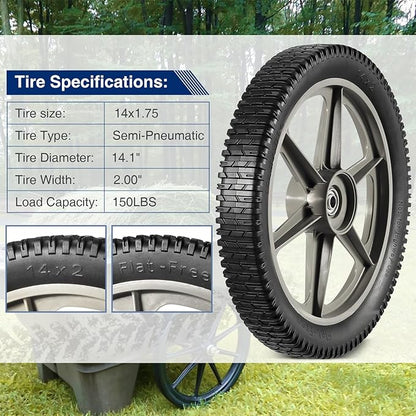 MaxAuto 14 x 1.75" Spoked Plastic Wheel with Tire Replacement for Craftsman Mower, Wheelbarrow, Trimmer, Push Mower, Pressure Washer, 1.75" Offset Hub Length,1/2" inside Bearing, 2 Pack
