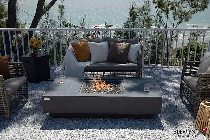 Elementi+ | Cannes Gas Fire Pit Cast Concrete 60" Rectangular Fire Table, Outdoor Fire Pit Electronic Ignition | Canvas Cover, Fire Glass and Burner Lid Included | Dark Gray | Propane Gas