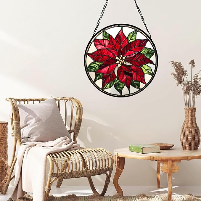 Stained Glass Window Hanging - Red Poinsettia Birth Flower Suncatcher for Door Garden Yard Sun Catchers Decor Christmas Mother's Day Birthday Gifts for Women Mom Nana Friend Men 9.8 in