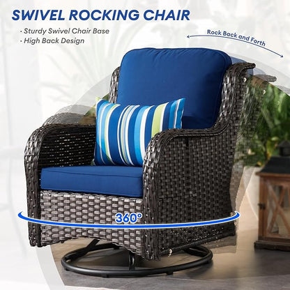 HOOOWOOO Patio Outdoor Furniture with Large Fire Pit Table,High Back 6 Piece Wicker Patio Conversation Set with Swivel Chairs,7 Person Couch Sofa Seating,Navy Blue