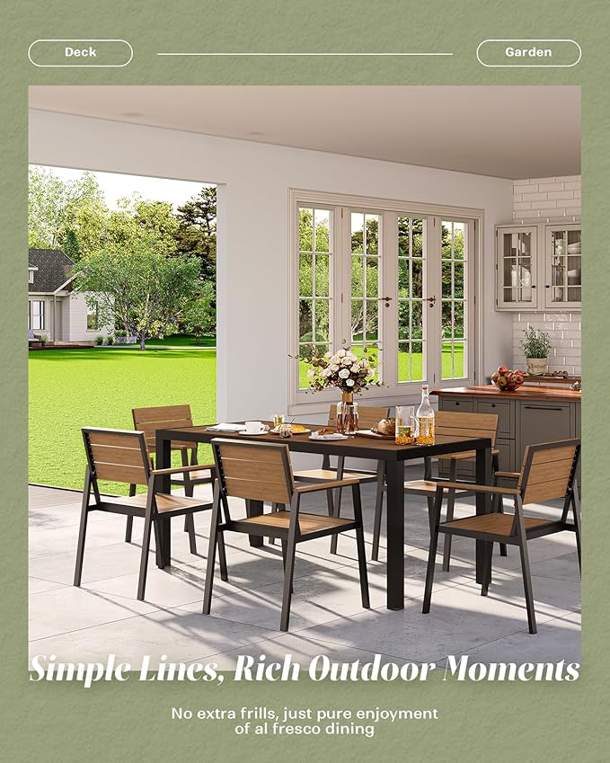 Outdoor Dining Set for 6, Patio Table and Chairs Set, Aluminum Patio Furniture Set with Umbrella Hole, HDPS Patio Dining Table Set for 6 (Gray-Teak)