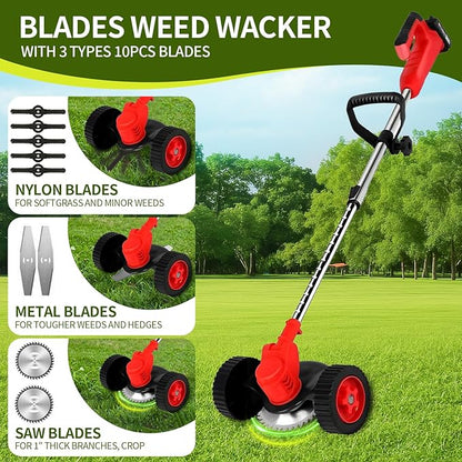 Wood Ranger Weed & Lawn Trimmer,3 in 1 Cordless Grass Trimmer,24V Cordless String Trimmer, Wheeled Weed Eater with 2 Batteries, Electric Lawn Edger Tool Set, 6-Inch Cutting Width(Red)
