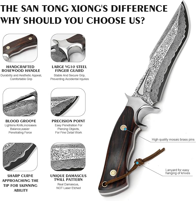 Handmade Damascus Hunting Knife,10.4"Fixed Blade Bowie Knife with Leather Sheath,Real Damascus Steel Knives with VG10 Core &Wood Handle,EDC Full Tang Knives for men women, Adventure,Survival,Hiking,Camping