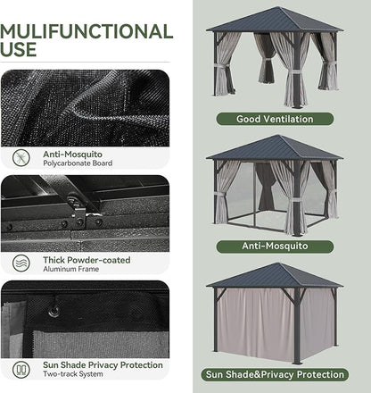 Aoxun 10'x10' Hardtop Gazebo, Galvanized Steel Outdoor Canopy Aluminum Single Top, Permanent Metal Pavilion with Netting and Privacy Curtains for Backyard, Patio and Deck
