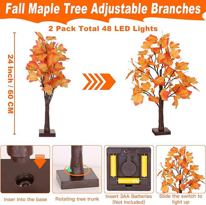 2 Pack 24 Inch Artificial Lighted Fall Maple Tree Thanksgiving Decorations with 48 LEDs Battery Operated Timer Prelit Acorn Maple Tree Lights for Thanksgiving Table Decor Home Indoor Autumn Harvest