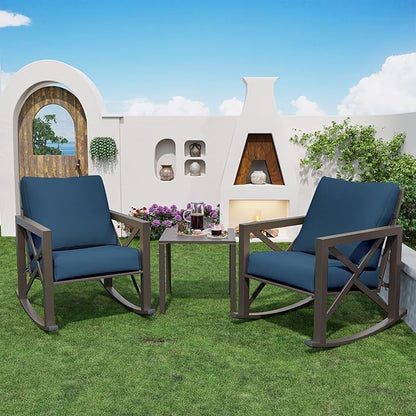 Outdoor Rocking Bistro Set, Patio Rocking Chairs Set of 2 with Coffee Table, 3 Pieces Metal Conversation Sets with 6.5" Thick Cushions for Backyard, Porch, Poolside, Oversized (Blue)