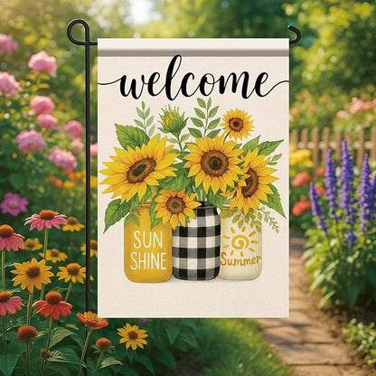 Spring Summer Welcome Garden Flag Sunflower Floral Yard Banner 12x18 Inch Double Sided Outdoor Decoration for Porch Lawn Patio Entryway Rustic Country Farmhouse Seasonal Home
