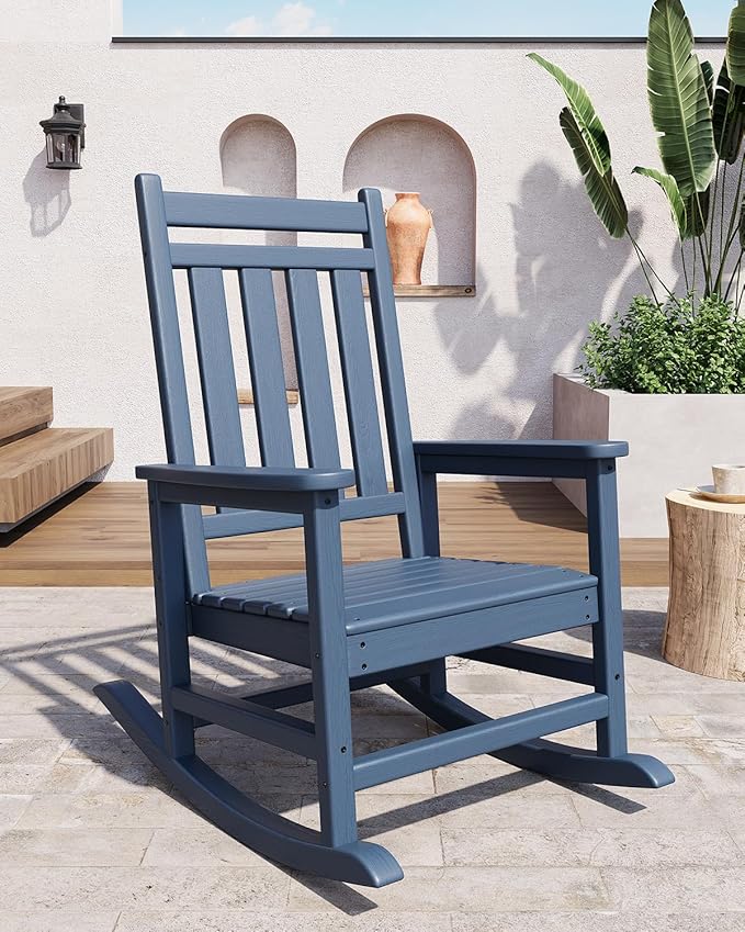 GarveeLife Poly Lumber Rocking Chair Outdoor Set of 2 - HDPE High Back Porch Rocker Chairs for Adults - All Weather Resistant Furniture for Patio - Navy Blue
