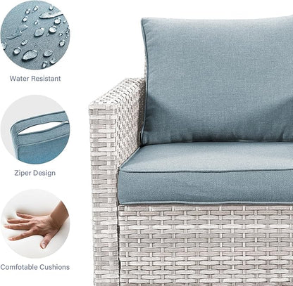 Rilyson Wicker Outdoor Patio Furniture Set - 6 Piece Patio Conversation Set with 2 Armrest Chairs,2 Rattan Ottoman,1 Couch and 1 Metal Side Table for Outside Porch Deck Backyard(Light Grey/Sky Blue)