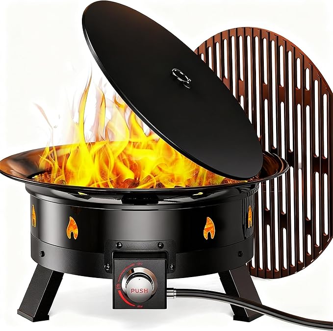 Ciays Large Propane Fire Pit 24 Inch, Gas Fire Pit with Grill Grate, Folding Legs, Hose Hooks, Propane Tank Holder, Cover & Carry Strap, CSA Certified Portable Outdoor Fire Pit for Camping, 58,000 BTU