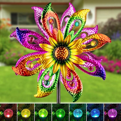 360° Wind Spinners Outdoor with Solar Lights Sunflowers Garden Decor Yard Lawn Art Decor for Patio Kinetic Windmills Unique Gifts for Friends and Family 60.63'' H x 13.38'' Dia