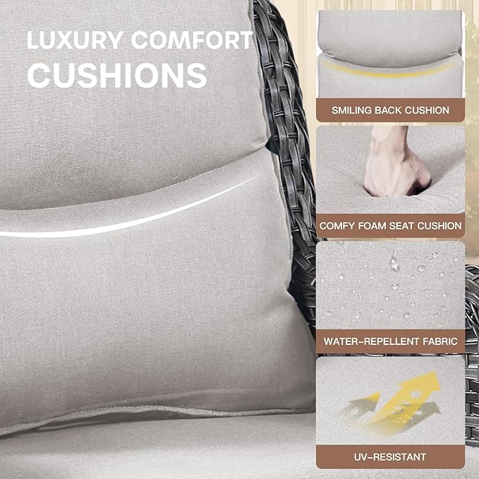 Patio Luxury Conversation Set 6PCS Resin Wicker Swivel Chairs Set, 4 Swivel Patio Chairs with Rattan Side Table and 30in Square Wicker Fire Table Set Grey Wicker|Beige Cushions