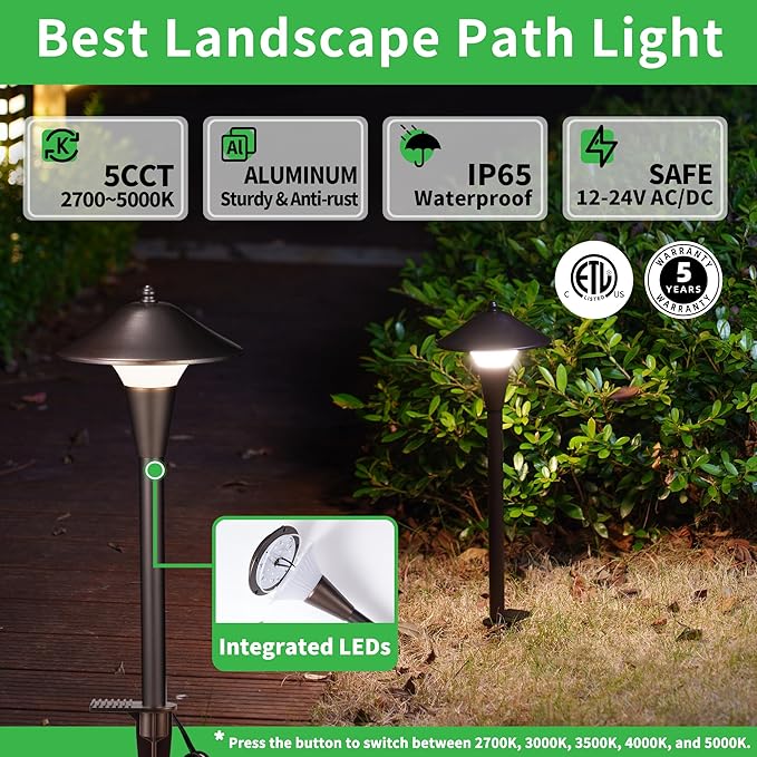 Hardwired Landscape Path Lights, Warm & Cool White Selectable Pathlight 12V, Low Voltage Walkway Light Waterproof, 5W 200LM ORB Metal Outdoor Lighting for Driveway Garden Sideway (6 Pack)