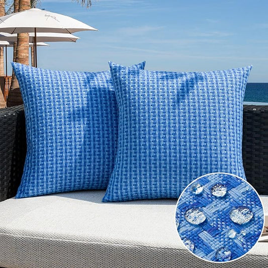 Kevin Textile Outdoor Waterproof Throw Pillow Covers Pack of 2 Weaving Texture Water Resistant Outside Decorative Cushion Covers for Garden Patio Tent Balcony Bench Couch Sofa 16x16 Inch, Blue
