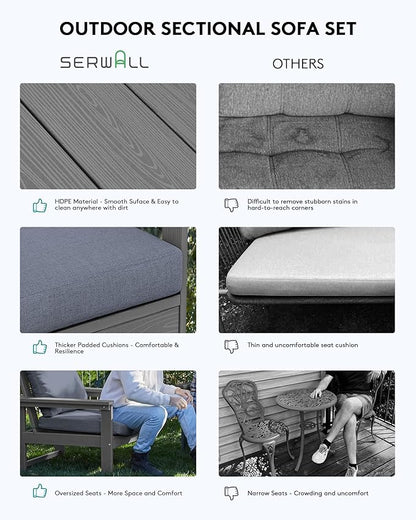 SERWALL Outdoor Patio Sofa Set, 2-Piece HDPE Single Seat Outdoor Sofa Chair with Padded Cushions, Gray Frame with Gray Cushion