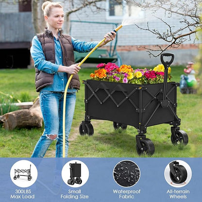 Collapsible Wagon with Wheels,220 lbs Capacity Heavy Duty Wagons Carts with Flexible Handle,Lightweight Portable Folding Utility Cart for Grocery Shopping,Camping,Garden,Sports