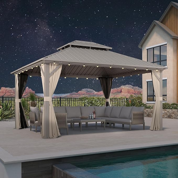 PURPLE LEAF 12' x 14' Outdoor Hardtop Gazebo, Champagne Aluminum Frame with Galvanized Steel Double Roof, Curtains and Netting for Patio Lawn and Garden