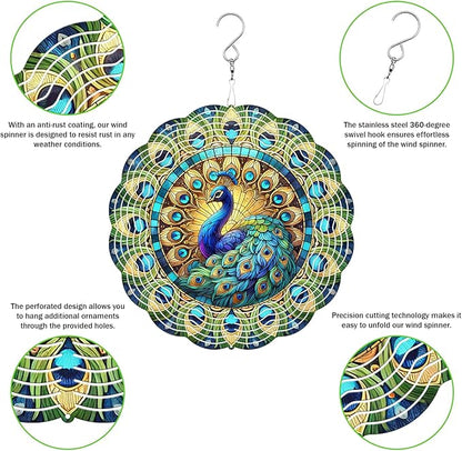 Peacock Wind Spinner, 3D Hanging Stainless Steel Garden Spinner, Wind Spinner Hanging for Outdoor & Indoor Décor, Unique Gifts for Yard Garden Decoration or Patio Décor (Peacock)